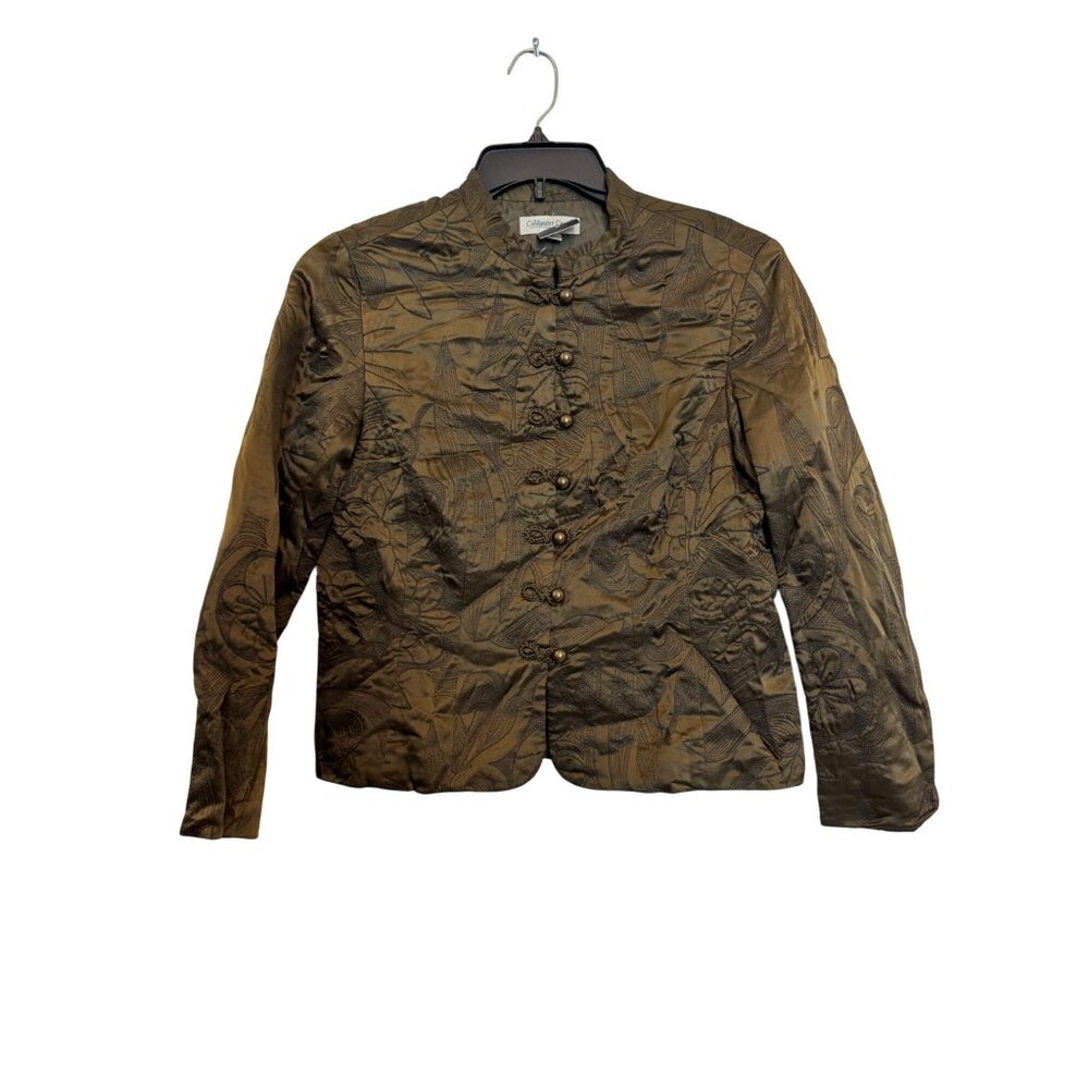 Coldwater Creek Embroidered Silk Jacket Women’s Petite Medium Olive Green Button